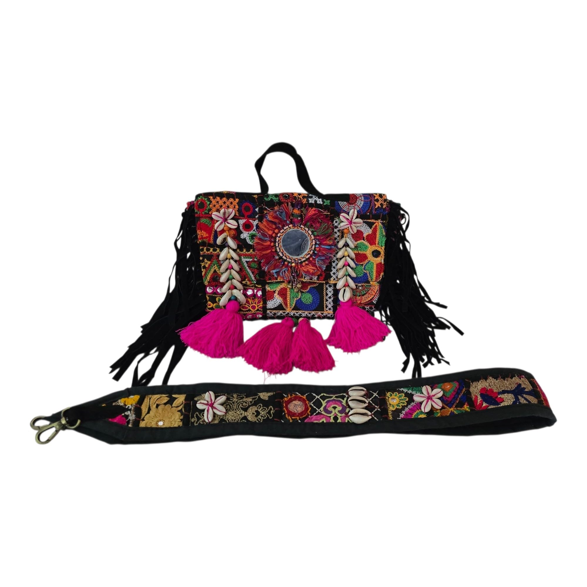 Women's Banjara Sling Bag, Black, 25x18 cm, Embroidered with Mirror Work, Tassels and Cowrie Shell Details, Magnetic Snap Closure Handmade patch work-image-16