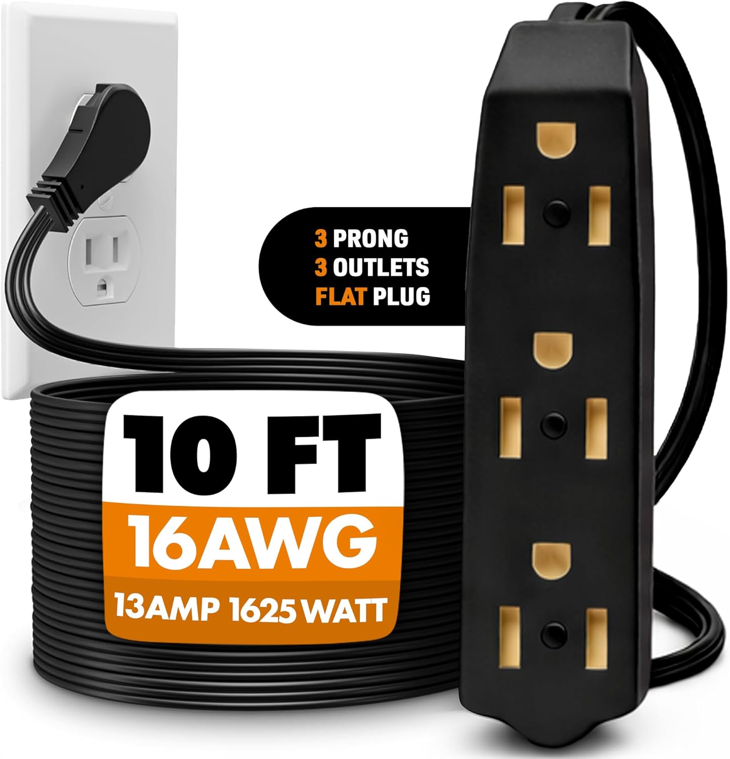 Flat Plug Extension Cord 10 FT Black 3 Outlet 3 Prong Grounded Indoor Extension Cord Low Profile Wall Hugger Angled Plug 16/3 Heavy Duty Power Cord 13A 125V for Home Office TV Desk Dorm