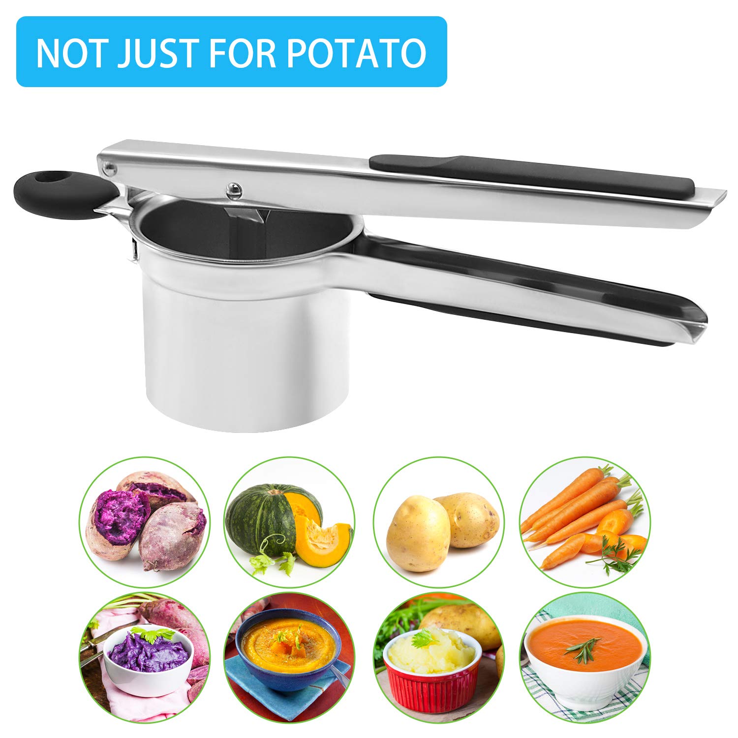 Ballery Presse-purée professionnel en acier inoxydable pour fruits et légumes avec 3 disques interchangeables, poignées noires douces au toucher