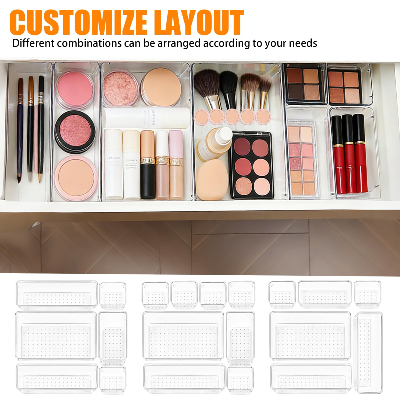 Organizer Cassetti 25 Pezzi, 4 dimensioni, Contenitori per cassetti in Plastica Trasparente Divisori per Cassetti Impilabili per Bagno, Cucina, Trucchi, Scrivania