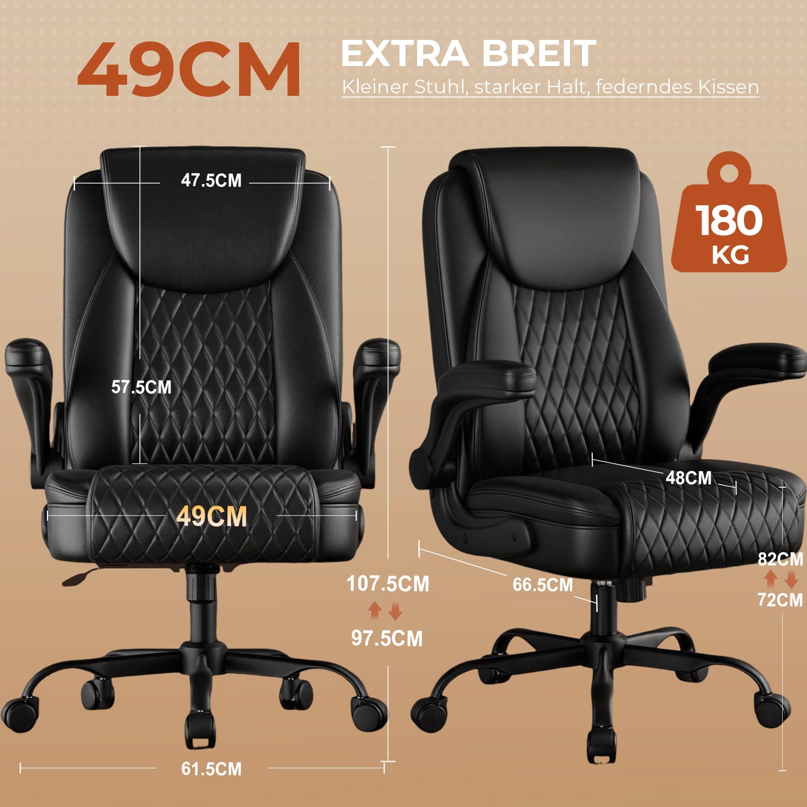 GTPLAYER Bürostuhl Ergonomisch, Schreibtischstuhl, Chefsessel mit Hoher Rückenlehne, Hochklappbaren Armlehnen, Höhenverstellbar, PU-Leder, Extra Breiter Sitz, für Büro & Homeoffice, Schwarz