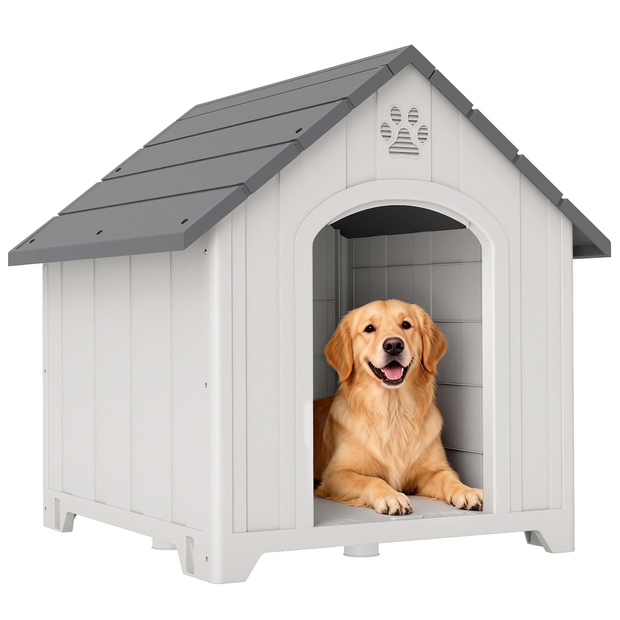 PawHut Casa plastica cani, riparo cuccioli int/ext, pavimento rialzato | per animali di taglia media grande, resistente all'acqua, supporto di base, prese d'aria, 34.6"L x 31.1"l x 35"H
