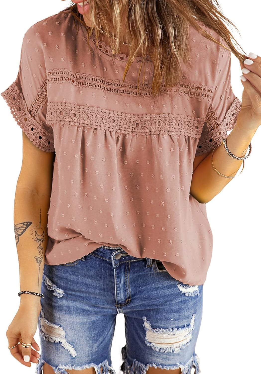 Dokotoo Womens Summer Tops Crewneck Lace Crochet Short Sleeve Shirts Casual Chiffon Blouses