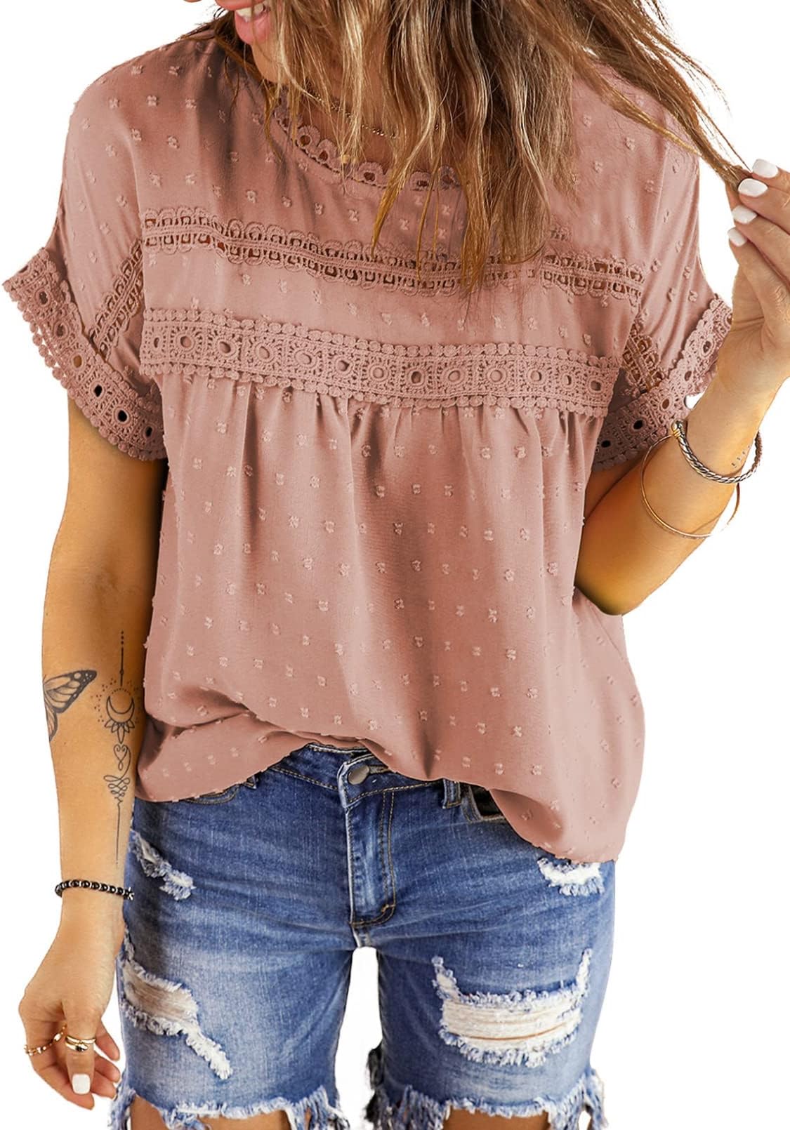 DokotooWomens Summer Tops Crewneck Lace Crochet Short Sleeve Shirts Casual Chiffon Blouses