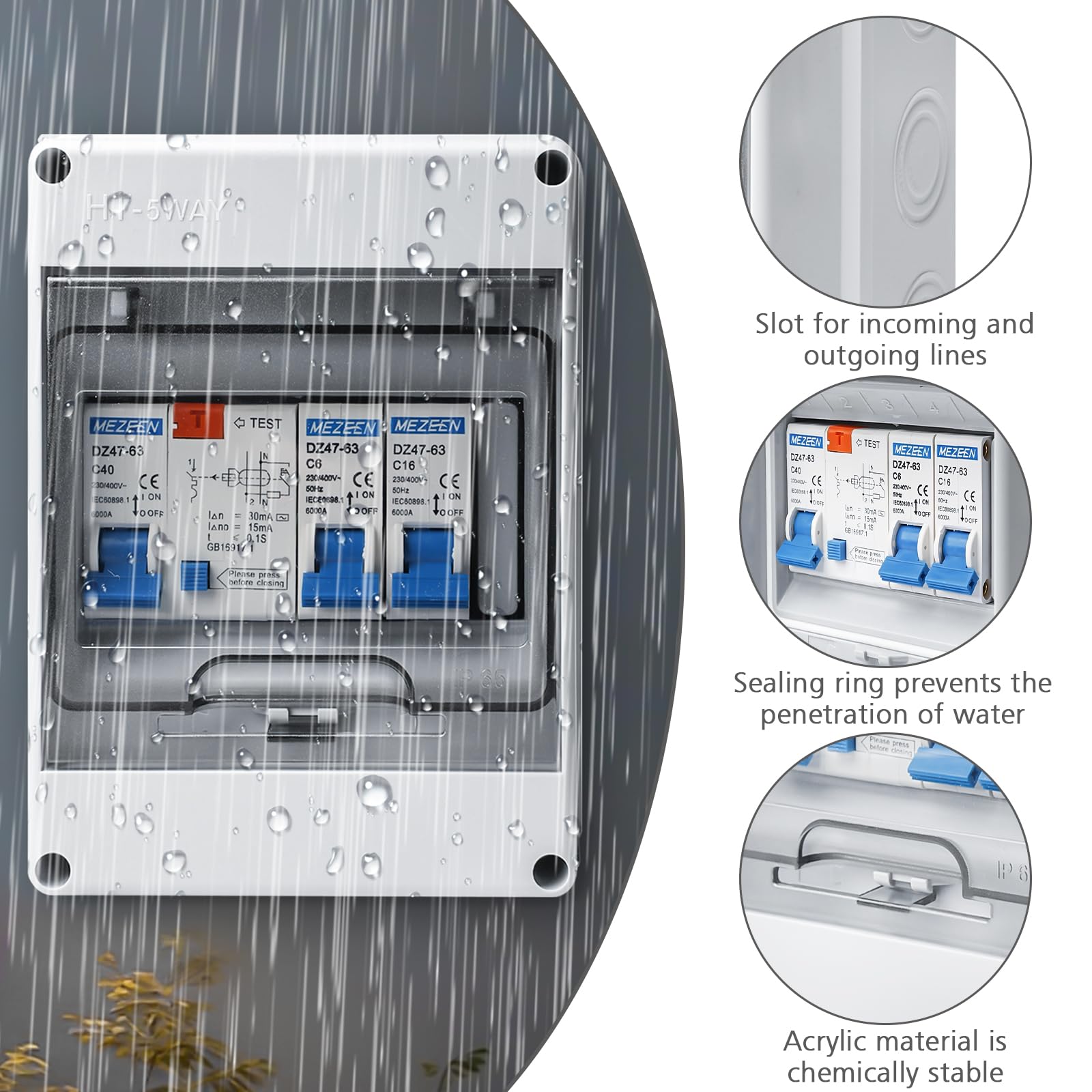 Caja de fusibles para montaje en superficie, IP65, subdistribución, con disyuntor, caja de distribución para jardín o exteriores, villas, columnas de carga