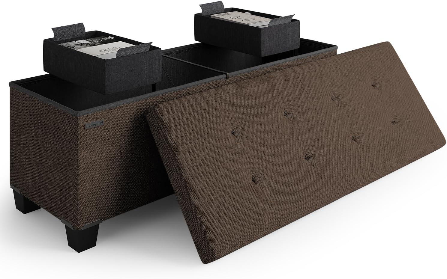 Storage Ottoman Bench with Bins, 43-in Storage Bench for Bedroom End of Bed, Folding Foot Rest Ottoman for Living Room Max 660lbs, Fabric Ottomans, Brown