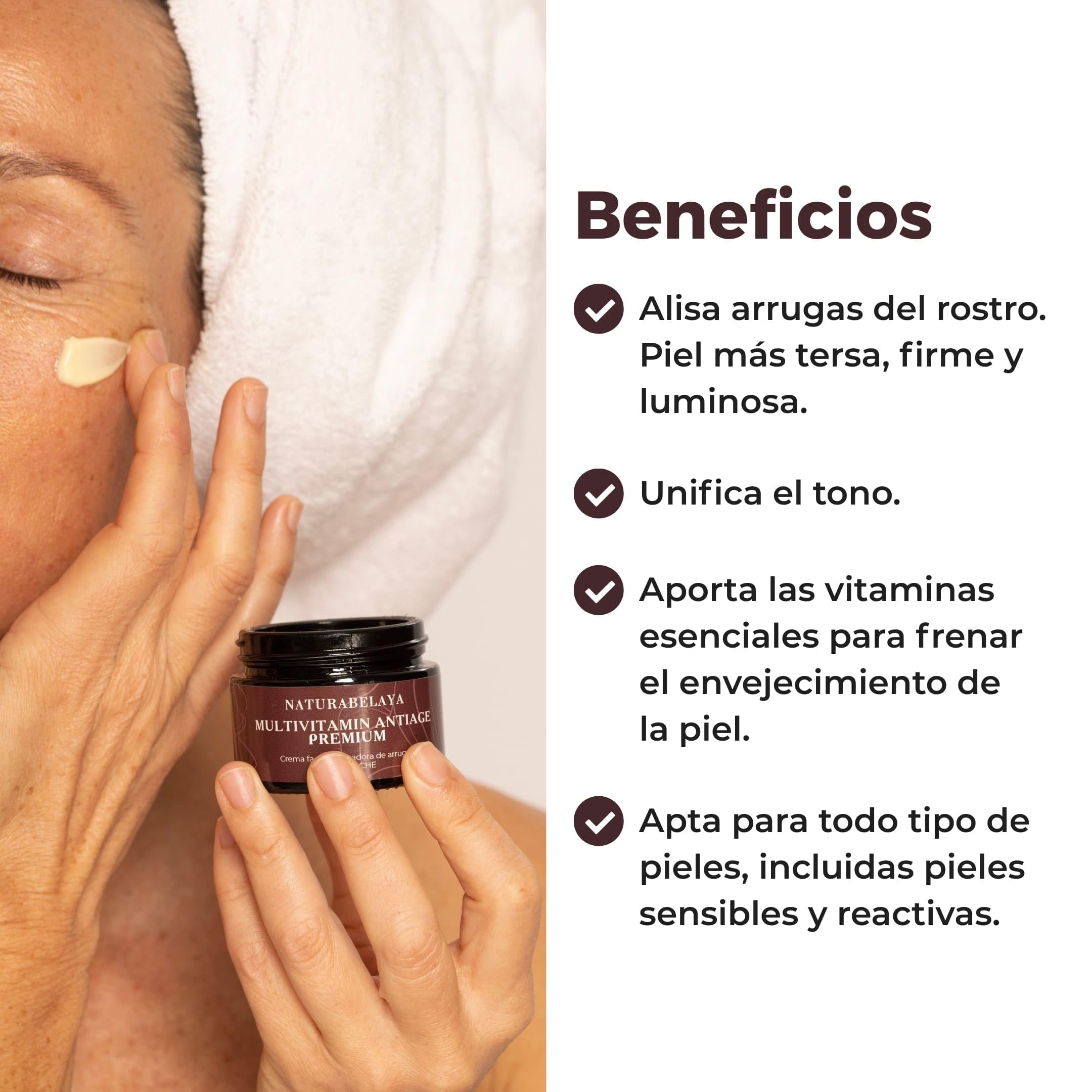 NATURABELAYA Crema Facial Hidratante Antiarrugas Multivitamin Premium, con Hexapéptidos y Vitaminas C, E y A, Reafirmante Día y Noche para Piel Seca y Sensible, Reduce Líneas de Expresión, 50ml