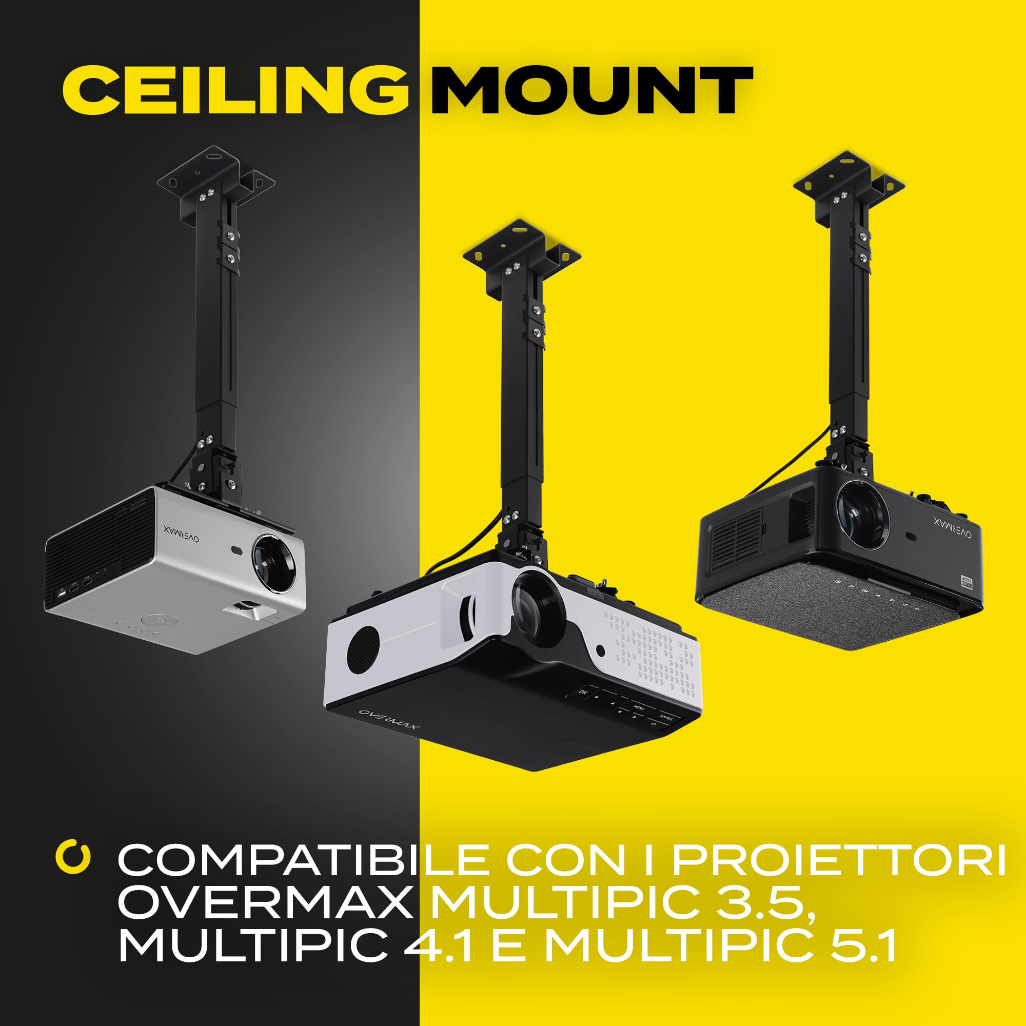 Overmax Ceiling Mount supporto per proiettore fino a 20 kg, lunghezza regolabile, regolazione dell'angolo 25 gradi, in acciaio, montaggio a parete e a soffitto, struttura leggera e stabile