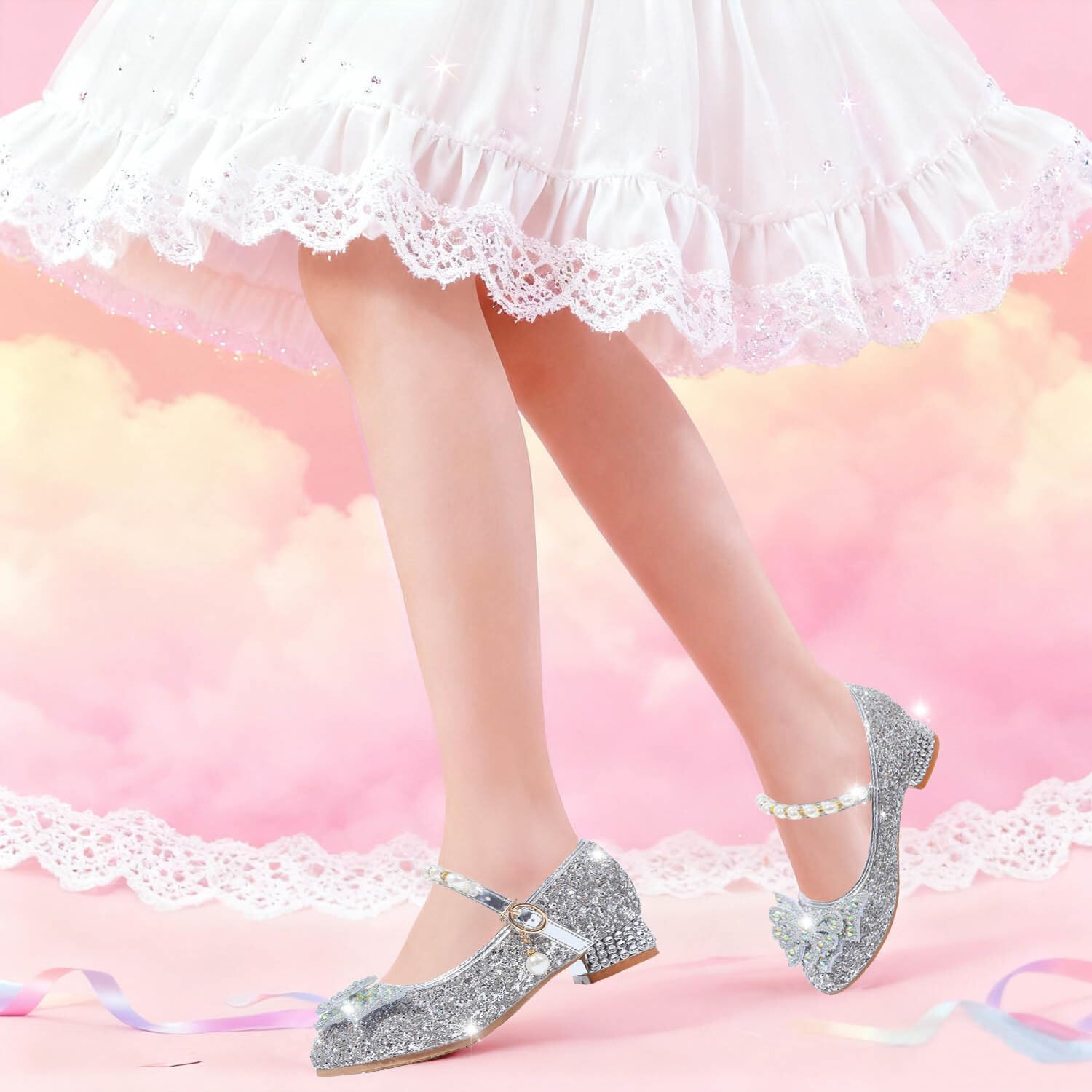 Mädchen Mary Jane Prinzessin Schuhe Ballerinas mit Absatz Glitzer Schuhe Abendschuhe Kinder Cosplay Schuhe Partys Hochzeiten Schulschuhe Silber EU33