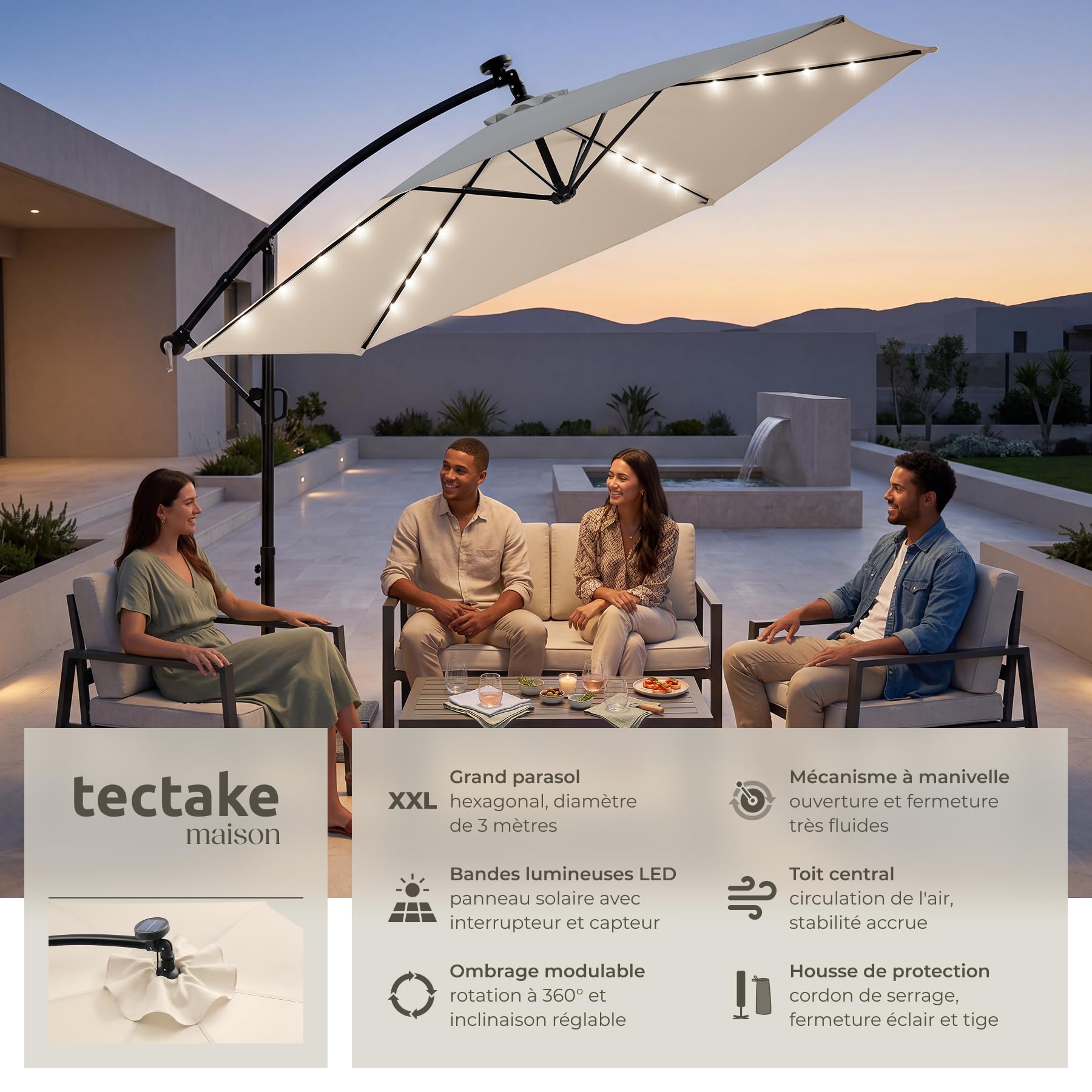 tectake® Parasol déporté, 3 x 3 m avec Eclairage LED, Pivotant à 360°, Inclinable de 90° à 135°, UV 50+, Panneau solaire, Parasol de jardin exterieur, Terrasse, Balcon, Divers Coloris
