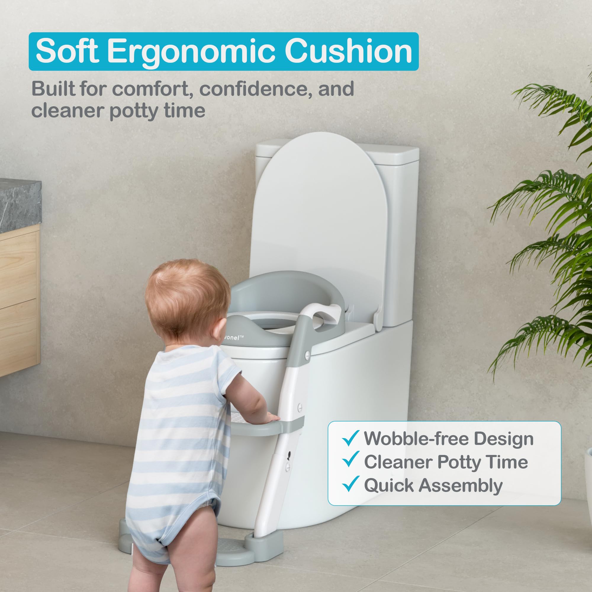 Asiento de inodoro 3 en 1 para niños pequeños con protector contra salpicaduras, almohadilla antideslizante y taburete para niños y niñas (gris)