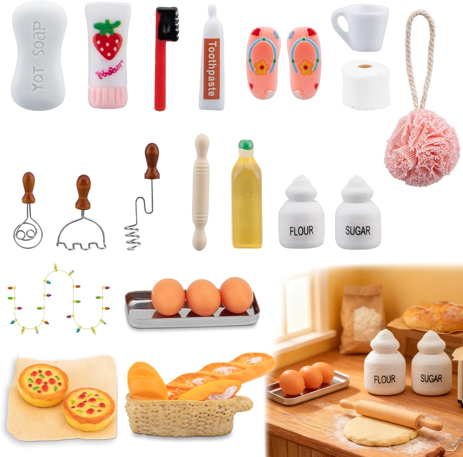 Gnome Accessories 27-Piece Miniature Gnome Door Accessory Set with Gnome Fairy Lights Bath Set Baking Set Gnome Accessories Christmas Complete Set for Gnome Door Decoration Dollhouse Accessories