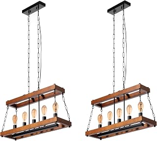 Quickway Imports Rectangle Chandelier - 5 Bulb-Dining Fixture, Pine Wood Frame, 31.5x10x34.75 in, Modern Farmhouse, Rustic Kitchen Island Lighting, Brown, Adjustable Chain, for Entryway or Foyer
