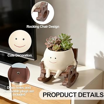 Smiley Face Funny Plant Pot, Cute Rocking Chair Succulent Plant Pot, Resin Flower Head Succulent Pots for Mother's Day & Teachers, for Indoor Outdoor Plants