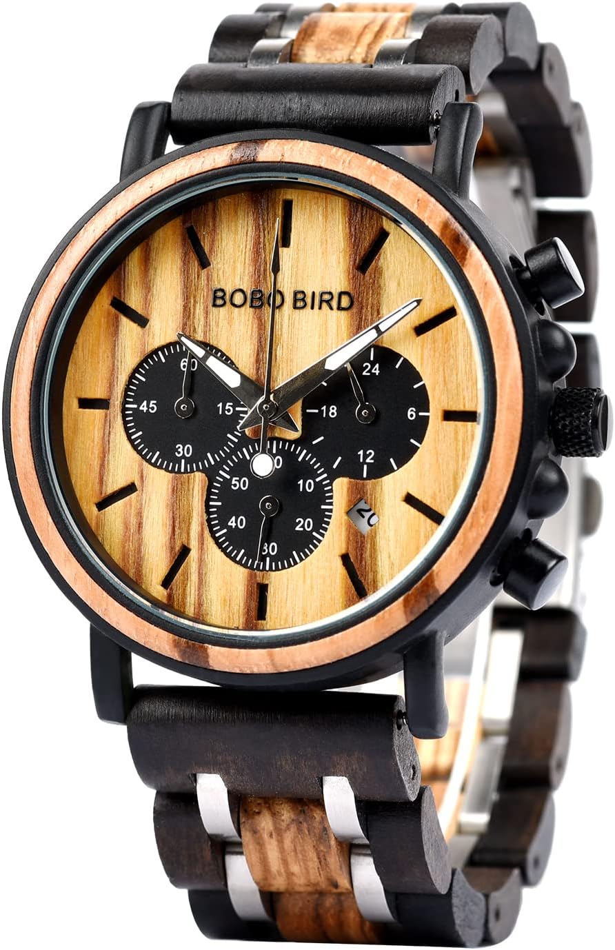 - Mens Wooden Watches Business Casual Wristwatches Stylish Ebony Wood & Stainless Steel Combined Chronograph