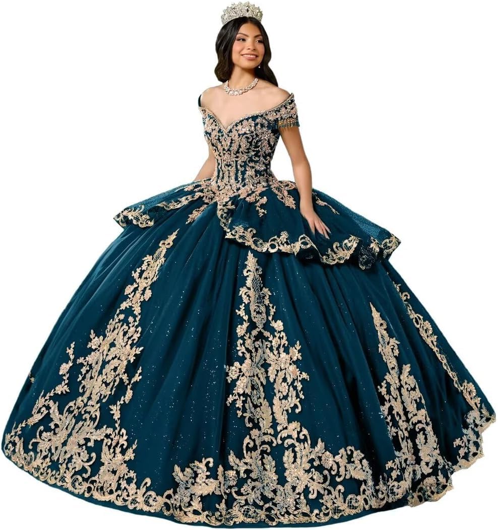 Yifanier Puffy Tulle Quinceanera Dress with TRAI 3D Gold Lace Appliques Sparkly Lace Applique Quinceanera Dresses MT039