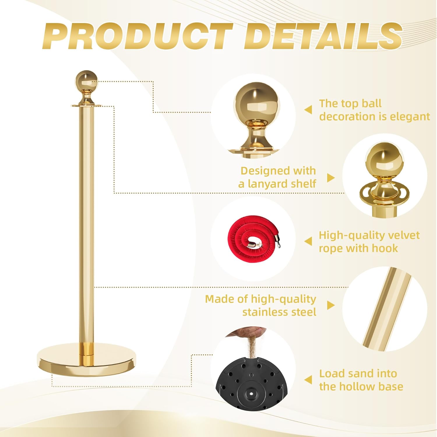 Stainless Steel Stanchion Post, 6 PCS 5FT Red Velvet Rope, Gold Stanchion Post with Ball Top, Hollow Base, Red Carpet Ropes and Poles, Crowd Control Barriers for Party