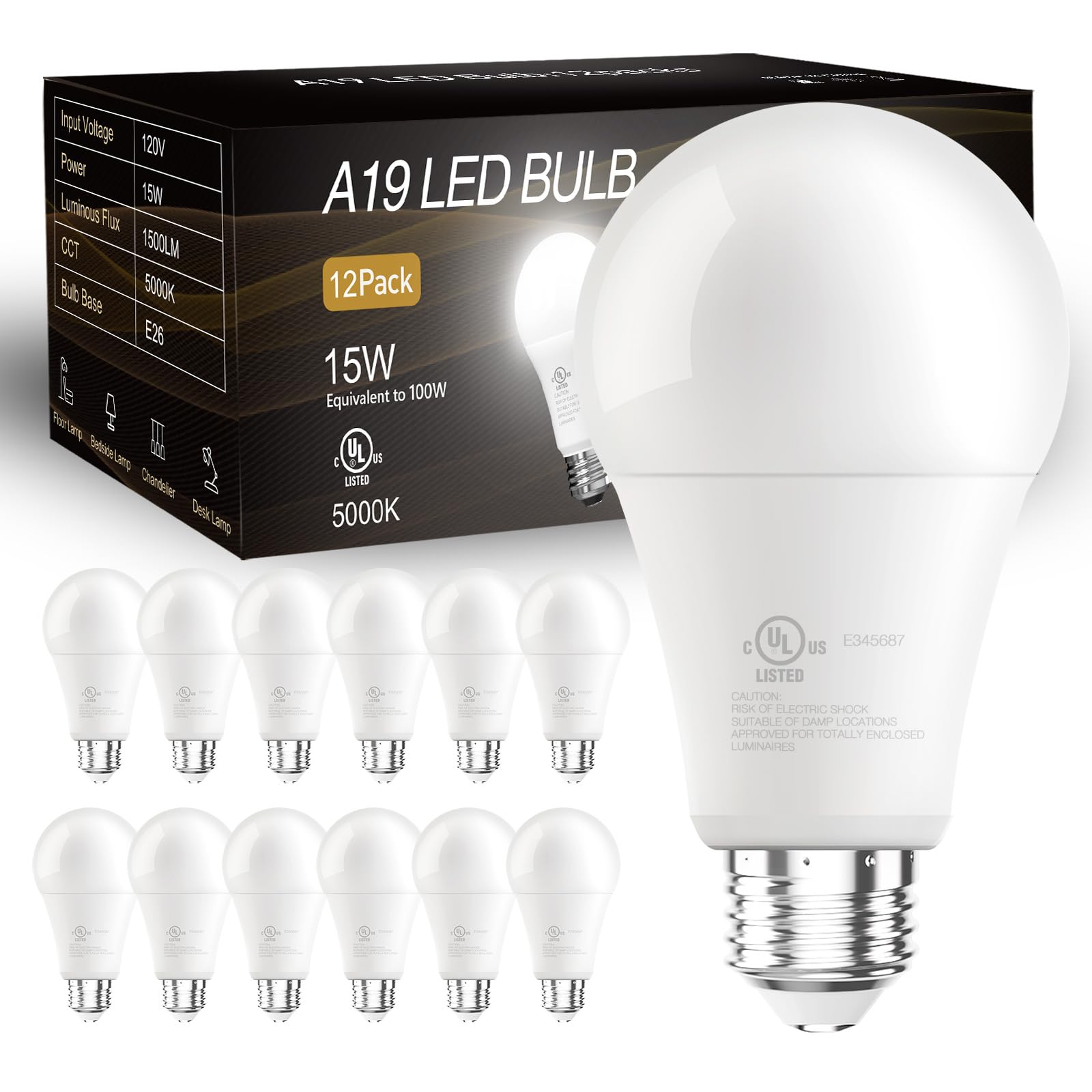 DAYBETTER LED Light Bulbs, A19 5000K Daylight Light Bulbs 100 Watt Equivalent, 1500LM Bright White Light Bulbs, E26 Standard Base, Non-Dimmable, 15 Watt Lightbulbs for Home Office, 12 Pack