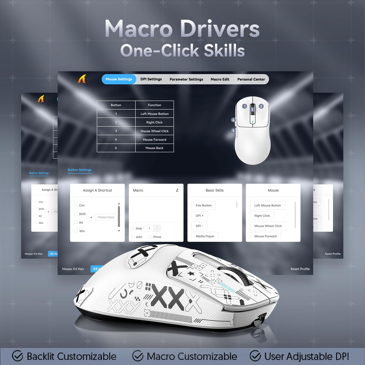 Attack SHAKR X3MAX Wireless Gaming Mouse,PixArt PAW3950 42000 DPI,49g Ultralight Tri-Mode(BT5.4/2.4GHz/Wired), 1K Polling Rate Programmable Computer Mice for PC/MAC/Win - White&Tape