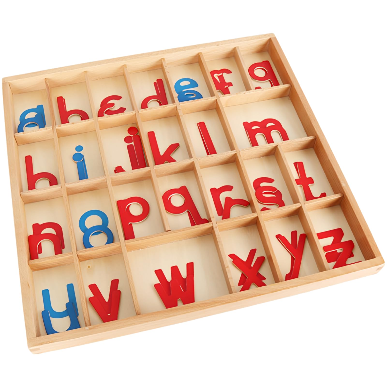Alfabeto móvil con caja y manta, alfabeto de madera para educación temprana, letras cursivas pequeñas, consonantes rojas y vocales azules, 34,5 x 33 x 2,5 cm