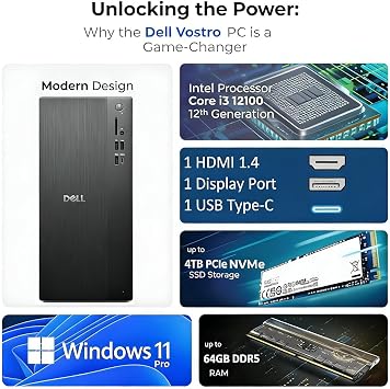 Dell Vostro Tower, 12th Gen Intel 4-Core i3-12100, 16GB DDR5 RAM, 512GB PCIe SSD, WiFi 6, Bluetooth, Windows 11 Pro