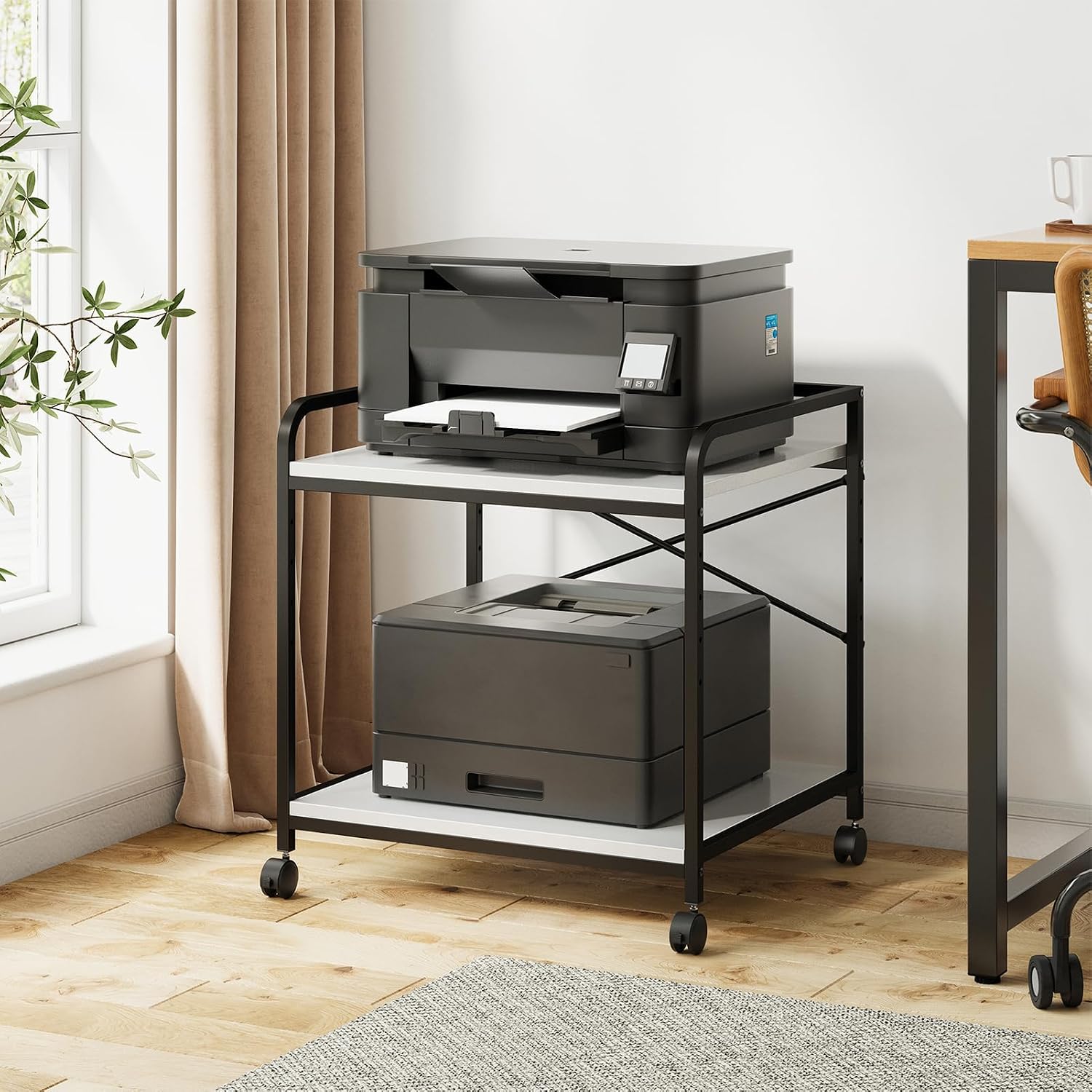 Printer Stand, 22''W X 20''D X 22.4''H 2 Tier Under Desk Printer Stand, 3D Large Printer Table with Height Adjustable Shelf, Rolling Printer Cart with Wheels for Home Office Organization, White