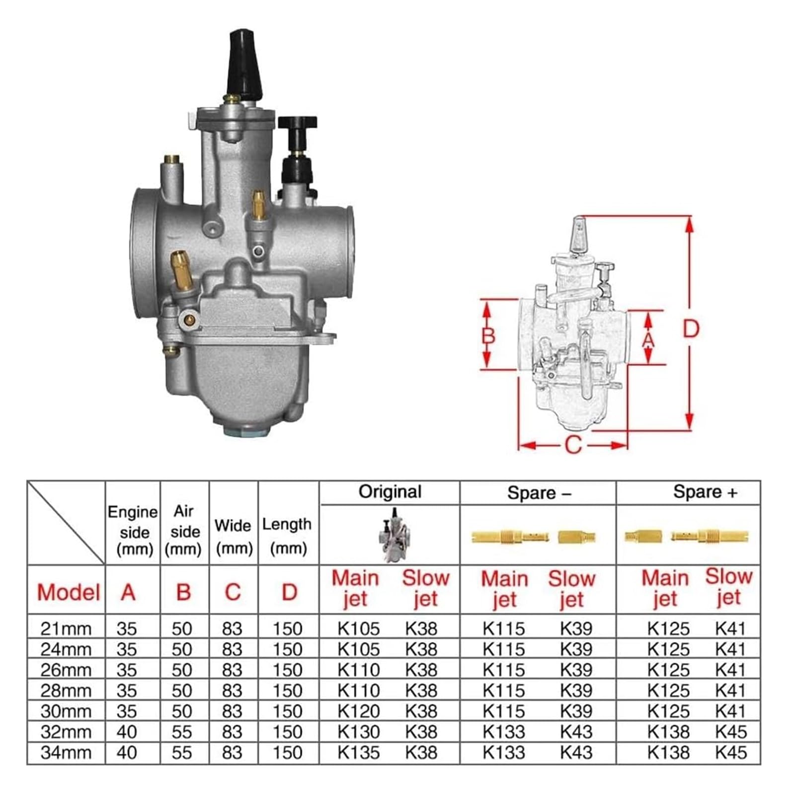 Kits réparation carburateur Moto pour Compétition Moteur Carburateur 34 Mm 2T 4T Moto PWK 21 24 26 28 30 32 avec Gicleur Puissance(21mm)