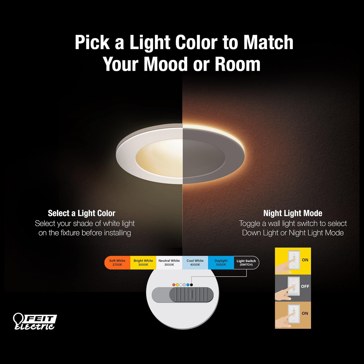 Feit Electric 4" LED Recessed Downlight with Night Light Mode, 50W Equivalent, Dimmable, 5CCT Selectable White, 90 CRI, 650 Lumens, 45 Year Lifetime, 4 Pack, LEDR4/NL/5CCTCA/4