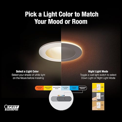 Miniatura 4 de Feit Electric Lámpara empotrable LED de 4 pulgadas con modo de luz nocturna, equivalente a 50 W, regulable, blanco seleccionable de 5CCT, 90 CRI,