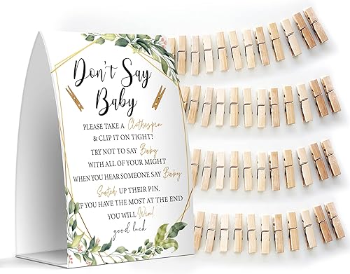 Miniatura 1 de Juego de texto en inglés "Don't Say Baby", un letrero de 5 x 7 pulgadas y 50 mini pinzas para la ropa, juegos de baby shower, decoración de baby