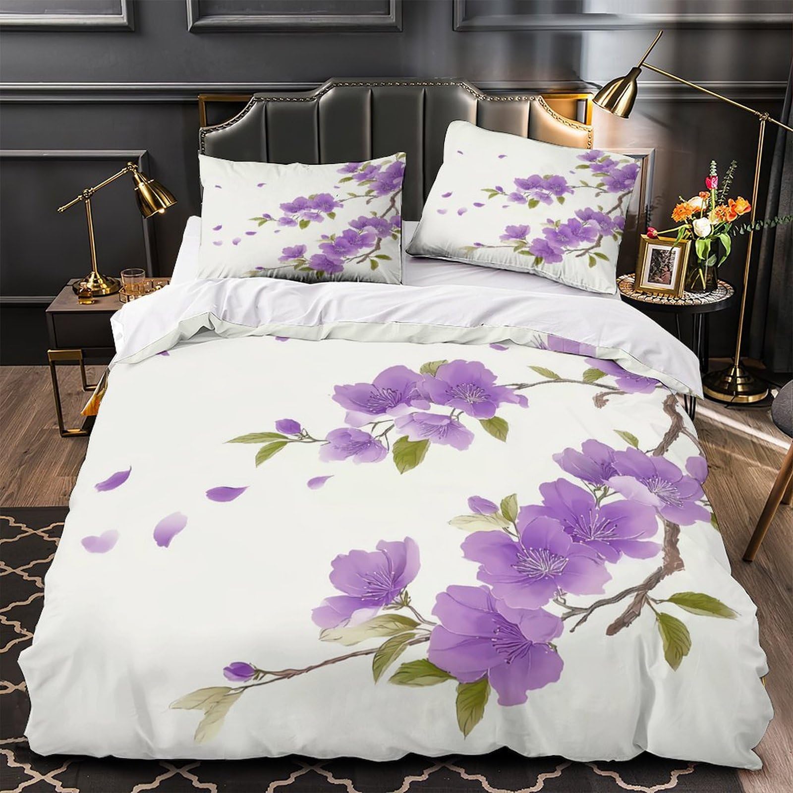 Drap de couette fleurs violettes 3D microfibre parure de lit 200x200 respirante ado