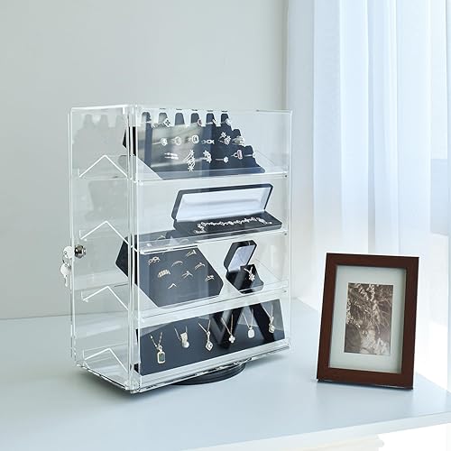 Miniatura 9 de MOOCA Escaparate de gafas acrílicas giratorias de 360 grados con 4 estantes extraíbles y cerradura de llave, vitrina acrílica, ideal para gafas