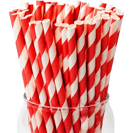 [100 Pack]Party Straws Disposable 7.75" x0.24" Red and White Biodegradable Paper Drinking Straw for Cocktail, Milkshake, Coffee, Lemonade (0.24" x 7.75", Red)