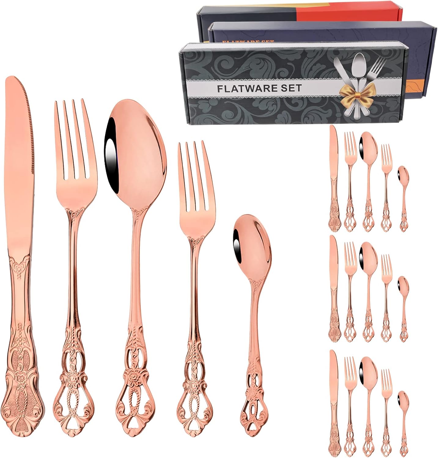 Jankng 20Piece Rose Gold Flatware Set, Royal Hammered Silverware Set Made Of