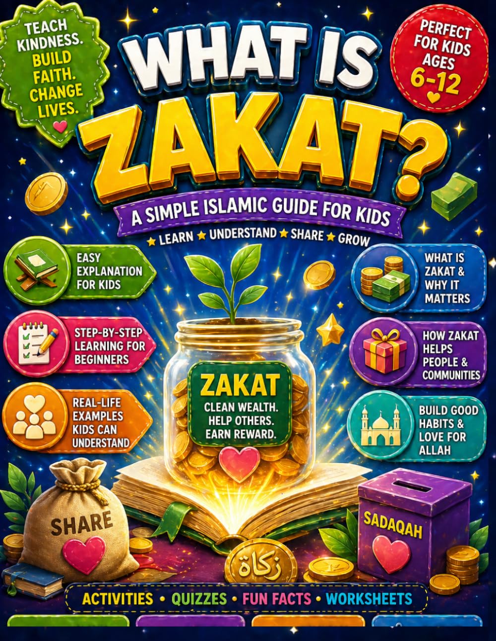 What is Zakat? A Simple Islamic Guide for Kids: Step-by-Step Learning for Beginners | Easy Explanation of Charity in Islam, Real-Life Examples, Activities & Quizzes for Muslim Children Ages 6–12