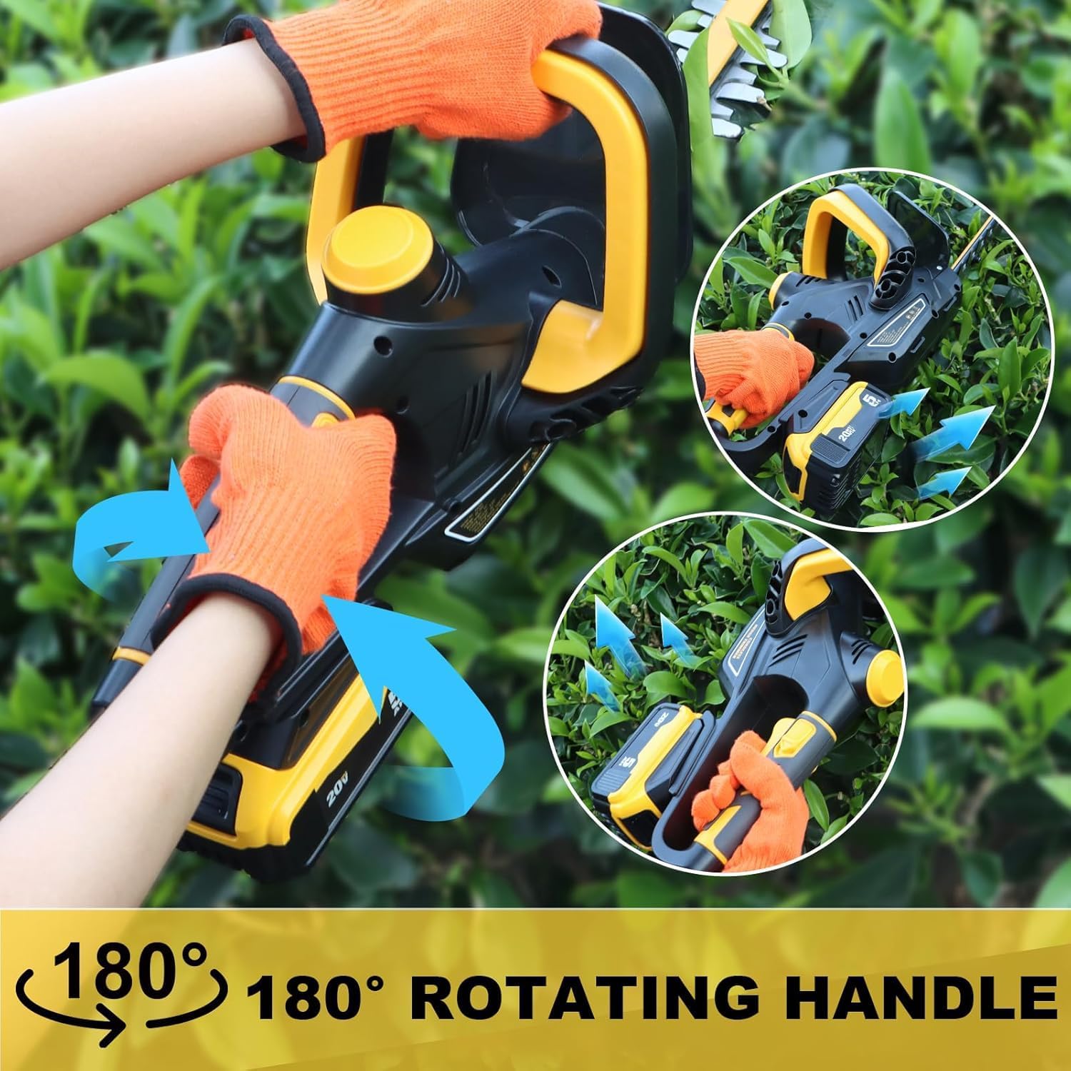 Hedge Trimmer for Dewalt 20V Battery, Cordless Hedge Trimmer with 22'' Dual-Action Blade, 1600RPM, 3/5'' Cutting Width, Rotating Handle & Dual Switch Design (Battery Not Included) (Yellow)