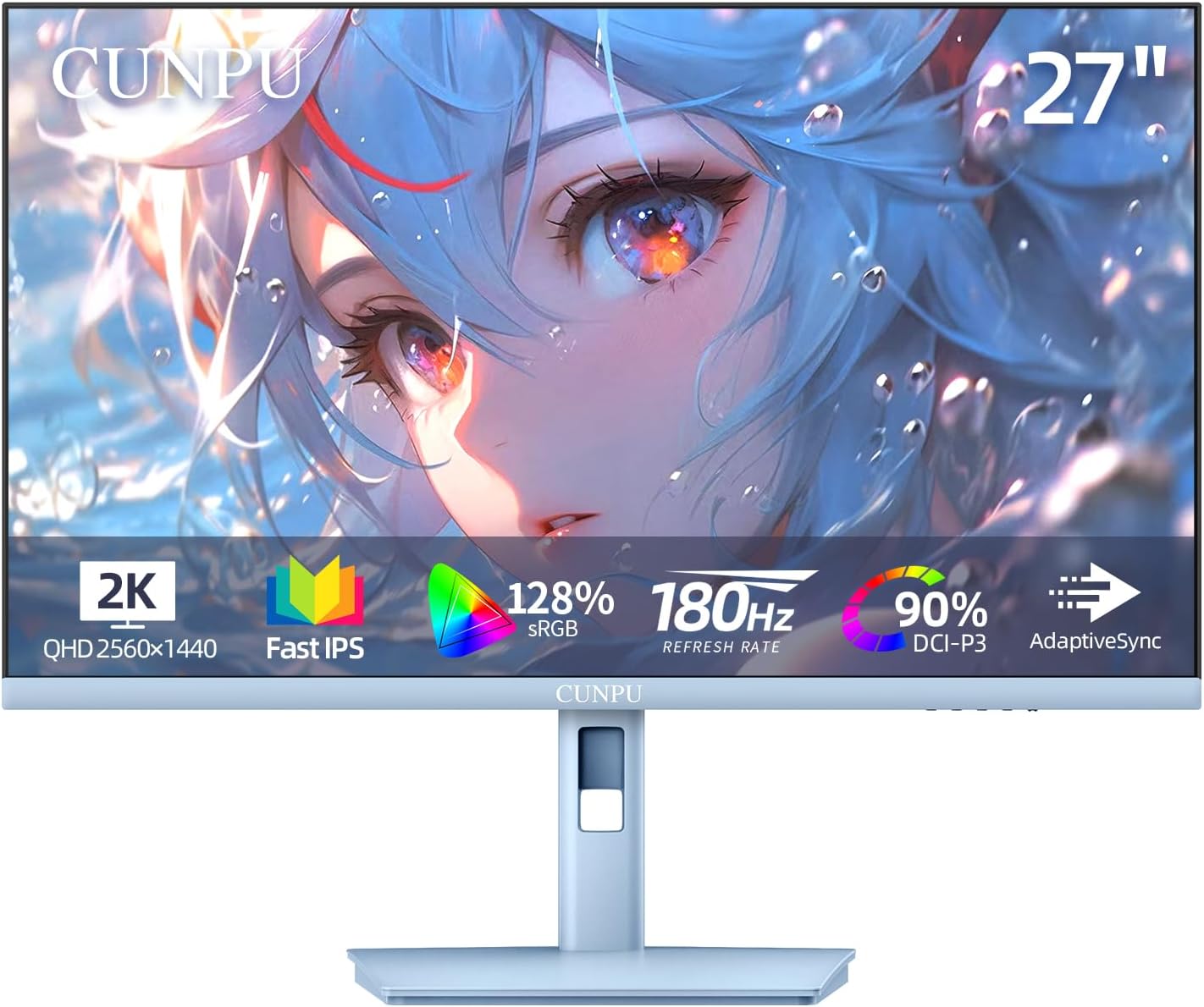 27 Inch Pastel Blue Gaming Monitor, QHD 2560x1440 Fast IPS 180Hz Computer Monitor, 90% DCI-P3, Adaptive Sync, Built- in Speaker, Height/Swivel/Tilt/Pivot Adjustable Stand, HDMI, Displayport