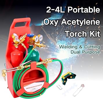 Professional Portable Oxy-Acetylene Torch Kit | Complete Welding & Cutting Set with Empty Oxygen/Acetylene Tanks, Dual Gauge Regulators, Hoses & Tote | for Brazing, Metal Cutting, Shaping & Repair