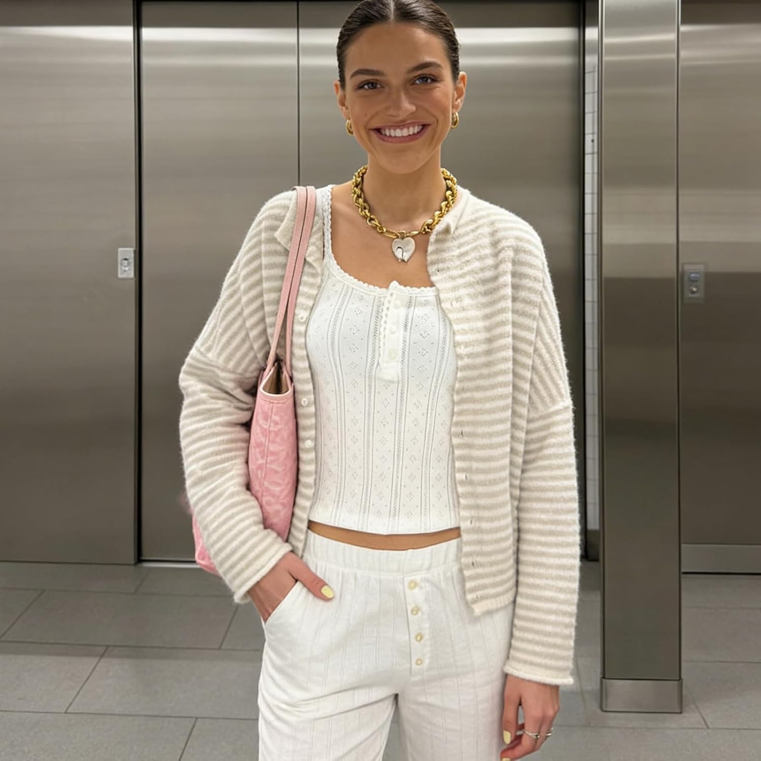 Muineobuka Womens Striped Cardigan Sweater Casual Crew Neck Open Front Button Down Long Sleeve Knit Sweaters Fall Outerwear - Image 2