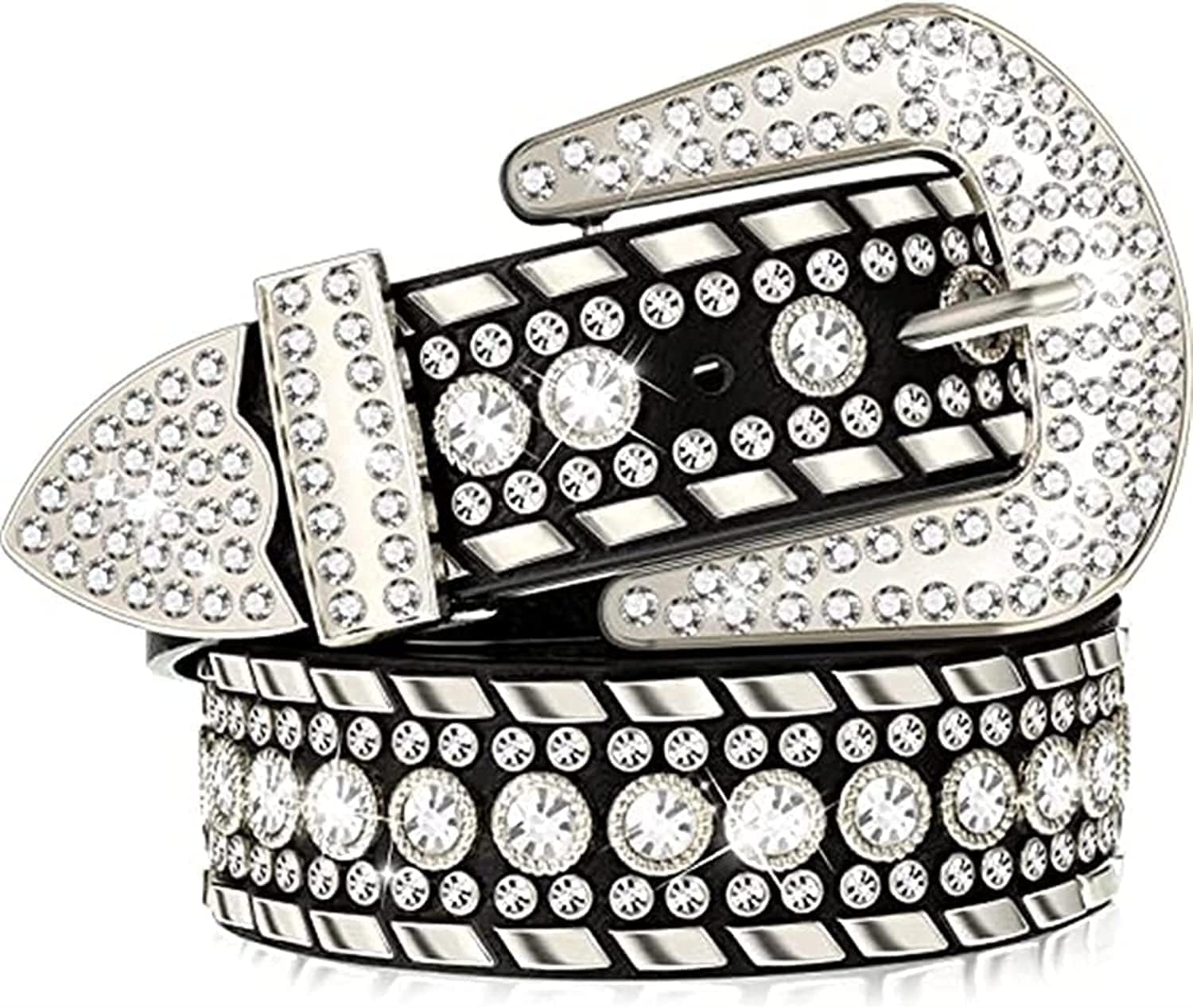 SYOSILocomotive Rivet Belt, 105 cm Long Rhinestone Belt Western Cowgirl Bling Studded Stylish Artificial Leather Belt for Jeans Pants Diamond Inlaid Decorative, Plate Buckle Solid Rivet Copper Buckle Belt