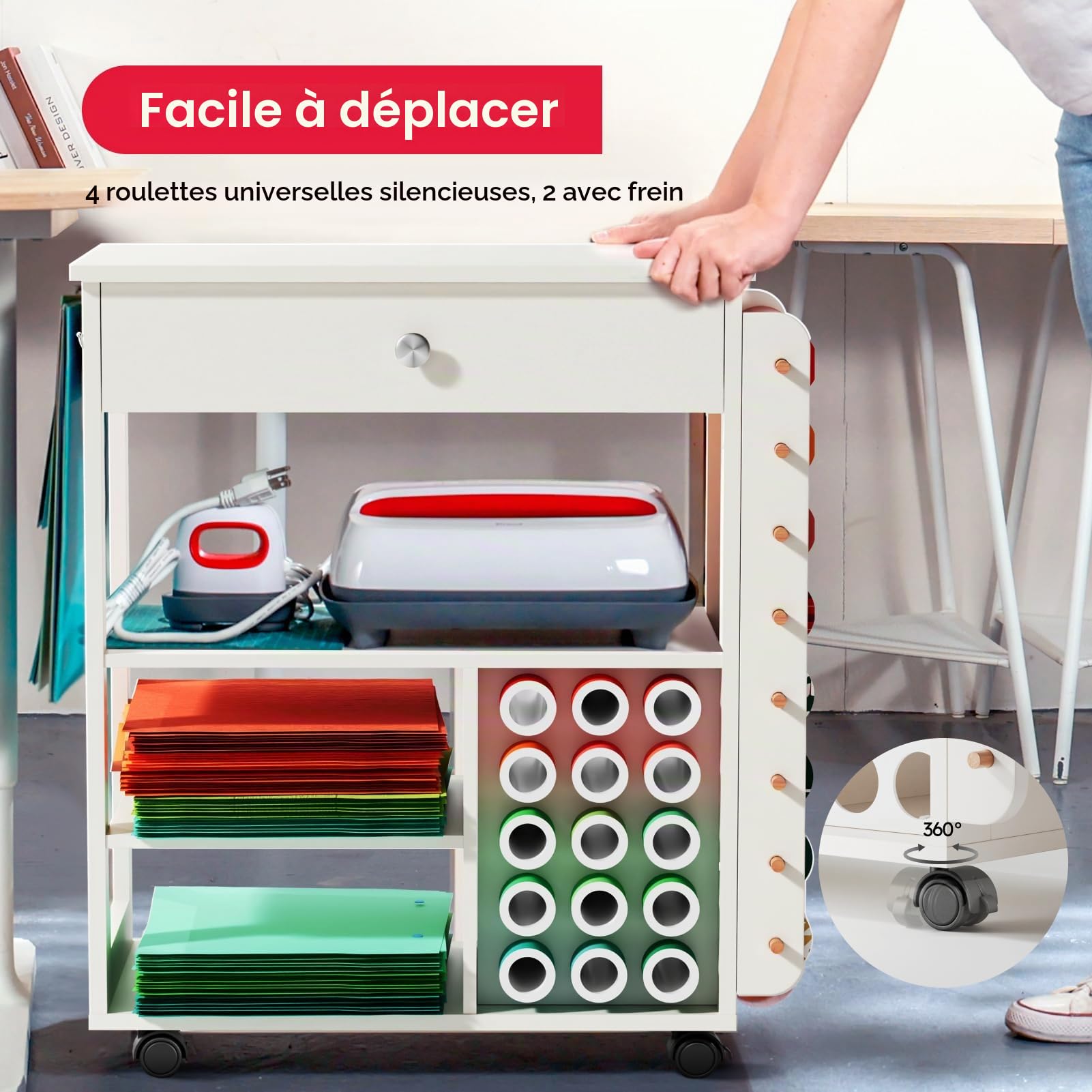 Chariot d’Organisation et de Stockage Crafit Compatible avec la Machine Cricut, Organisateur de roulage Crafit avec Support de Rouleau de Vinyle, Poste de Travail de Table