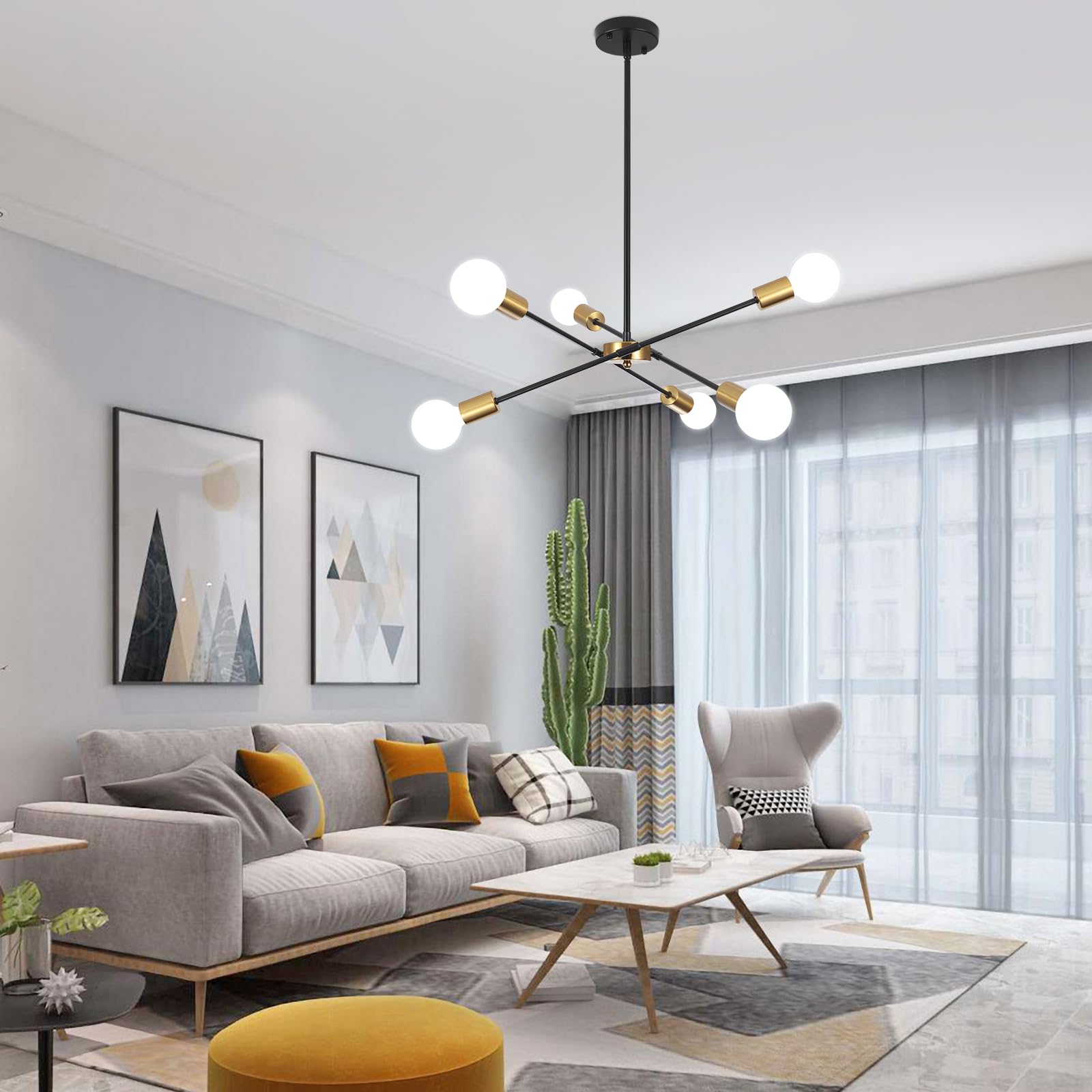 Moderner Sputnik Kronleuchter – 6-armig, Schwarz/gold, Höhe 45-95 Cm, E27 Fassungen