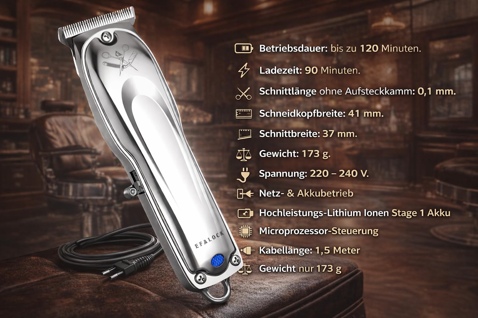 Rotschopf24 Efalock VINTAGE Präzisionstrimmer Zero Cut T-Klinge + Tasche | Zero Cut 0,1 mm, T-Klinge, Akku- + Netzbetrieb, 3 Aufsteckkämme für präzise Konturen und Bartpflege. Besser als Bad Butch