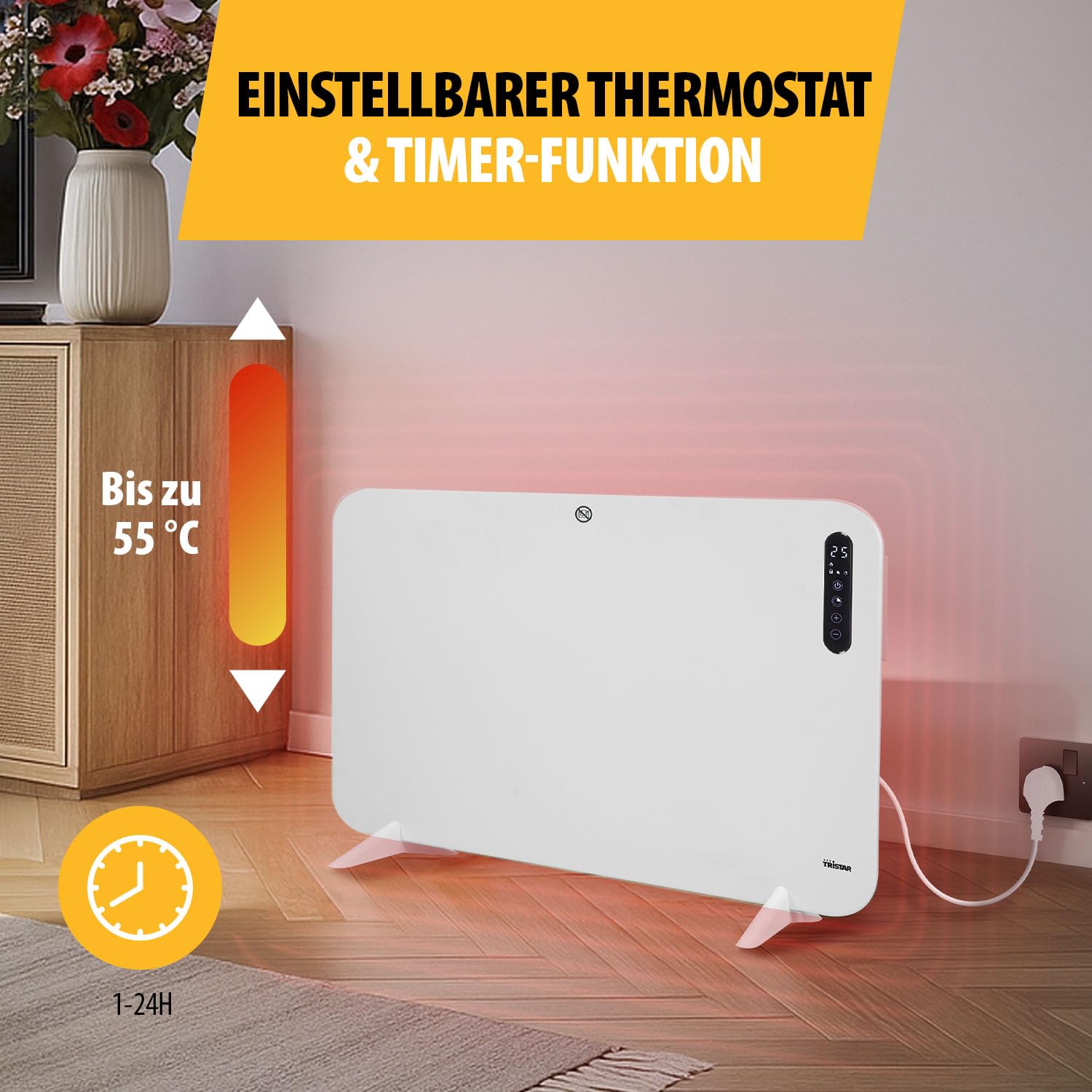 Tristar Infrarot-Heizpaneel 400W – Einstellbarer Thermostat – 24h Timer – ECO-Modus – LED-Display – Fernbedienung – Wand- oder Standmontage – Kindersicherung – IP44 – KA-5092