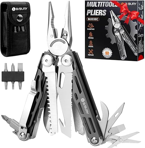 BIBURY Multitools BI2038C, cuchillo de bolsillo de acero inoxidable 19 en 1 con tijeras, alicates plegables con autobloqueo EDC multiherramientas