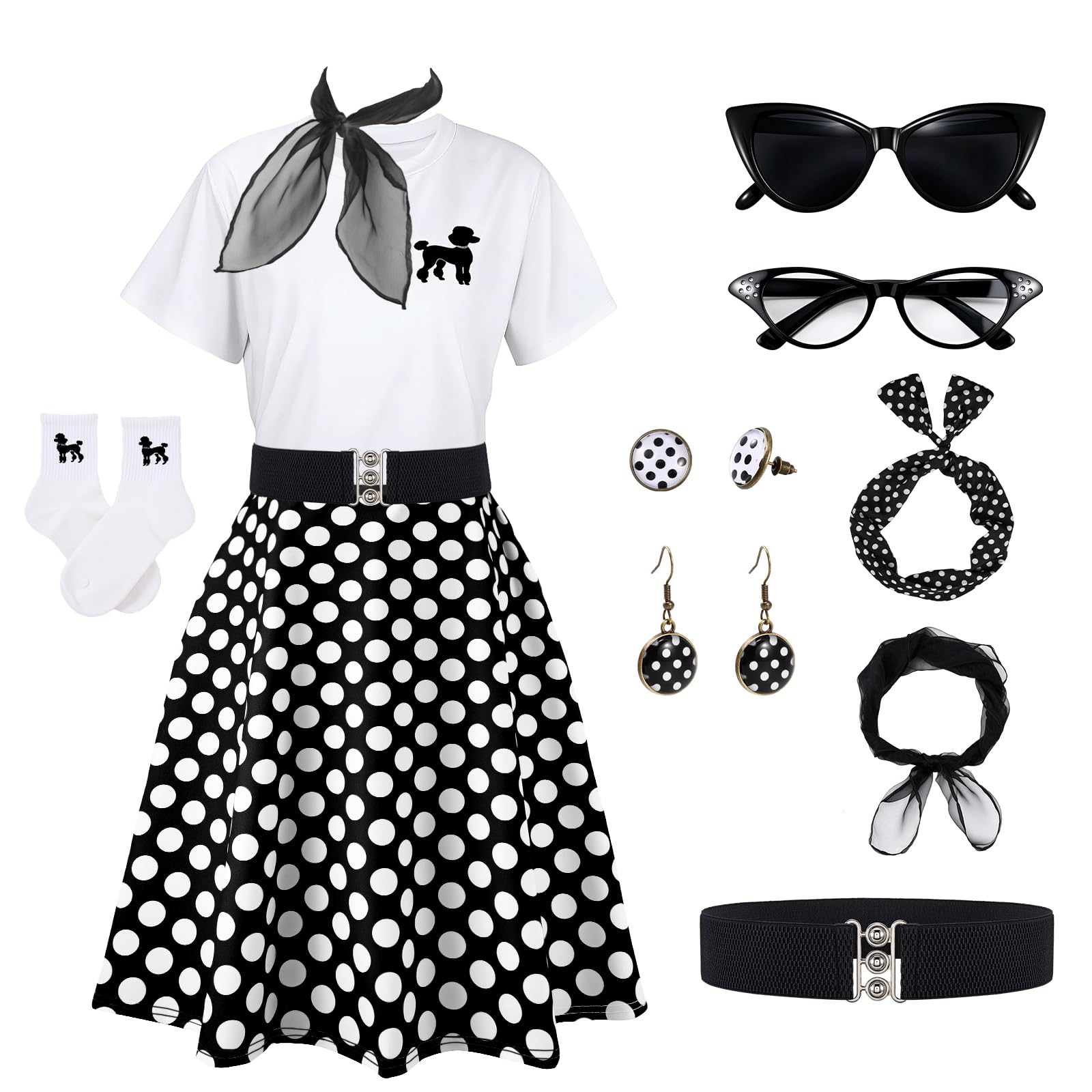 UpFind Poodle Skirts for Women 50s Costume Sock Hop Outfits,1950s Poodle Skirts,T-Shir with Scarf Glasses Belt Earring 10Pcs