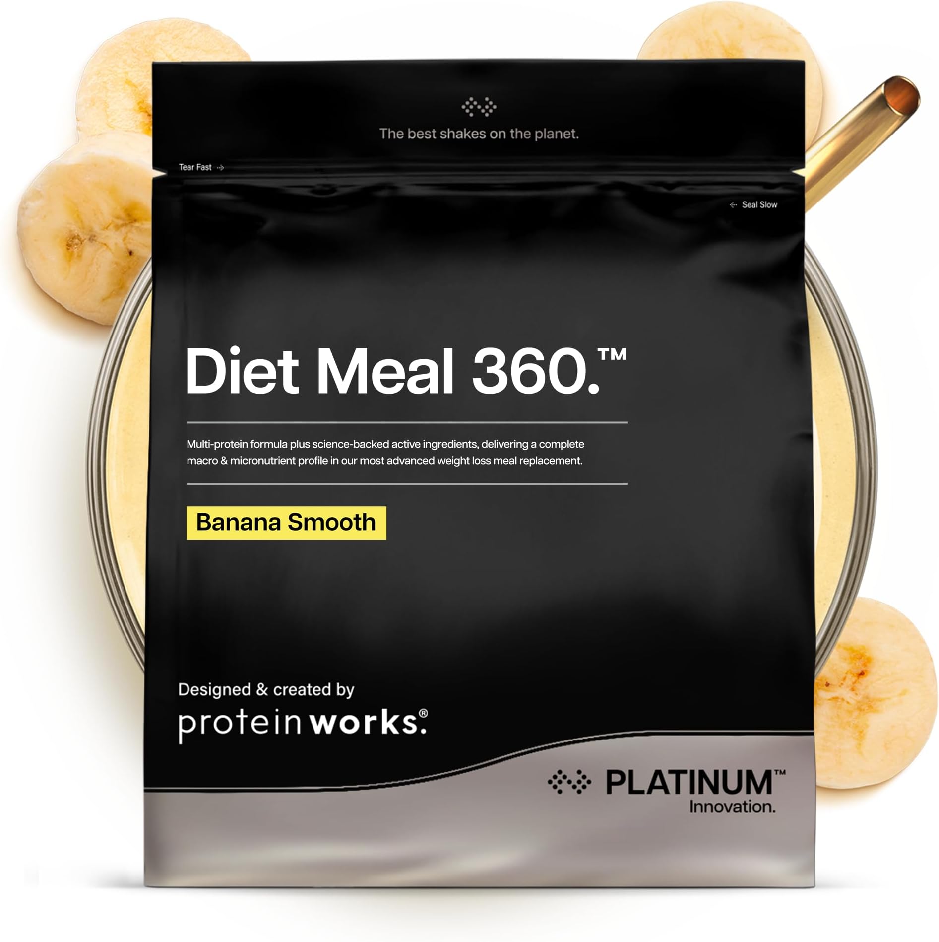 Protein Works | Diet Meal 360 - PLATINUM Innovation, Diet Meal Replacement Shake, Supports Weight Loss, 26 Vitamins & Minerals, Added Flaxseed, Inulin, Omega 3, Banana Smooth Sundae, 16 Meals, 1kg