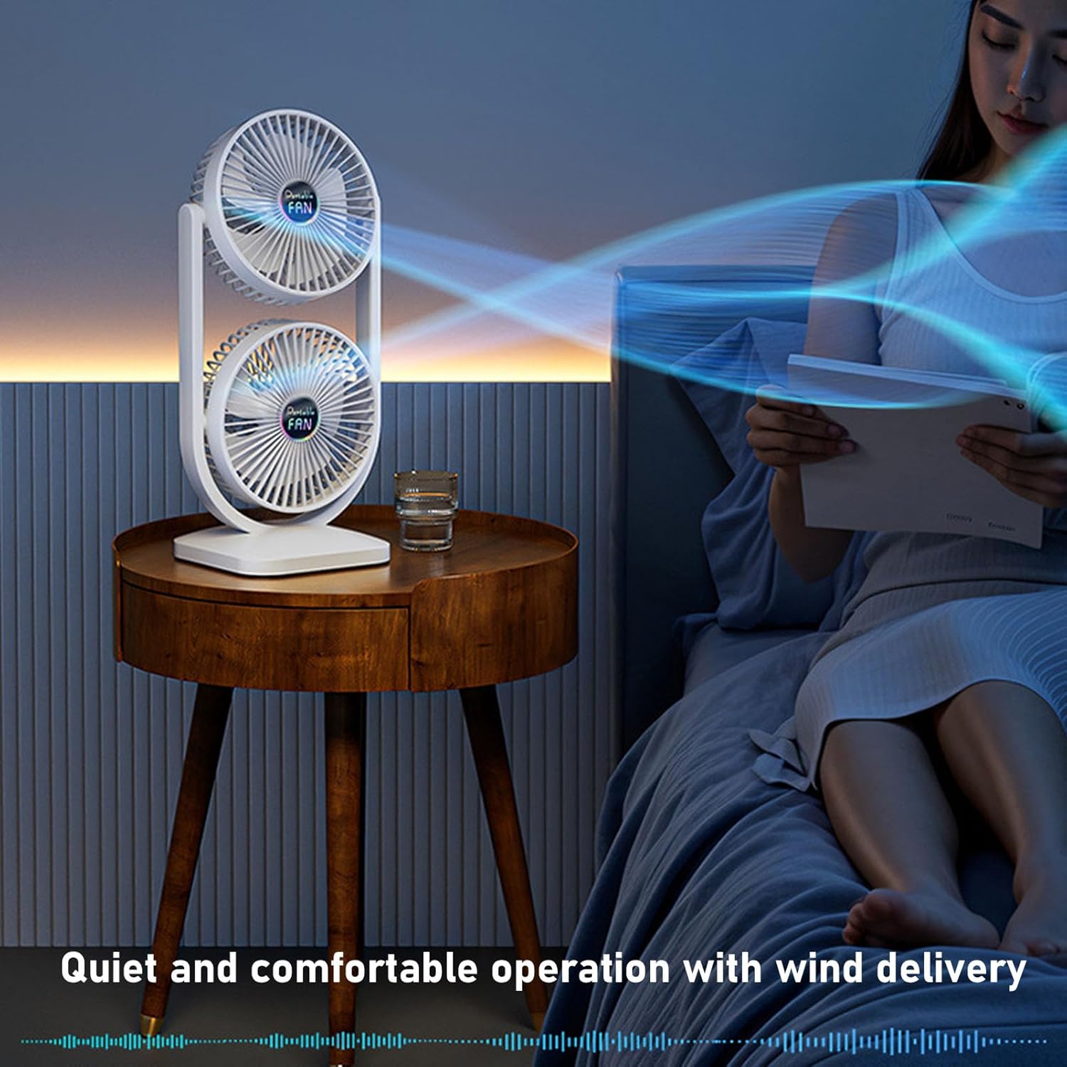 Small Tower Fan, 3000mAh Dual Head Design 3 Speed Portable Oscillating Tower Fan with USB Rechargeable & Stable Base for Home Office Dorm Travel Bedroom Desk Outdoor