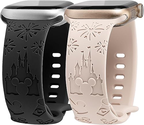 Paquete de 2 correas de dibujos animados compatibles con Apple Watch de 384041424445461.929 in para mujer, correa de silicona suave grabada para