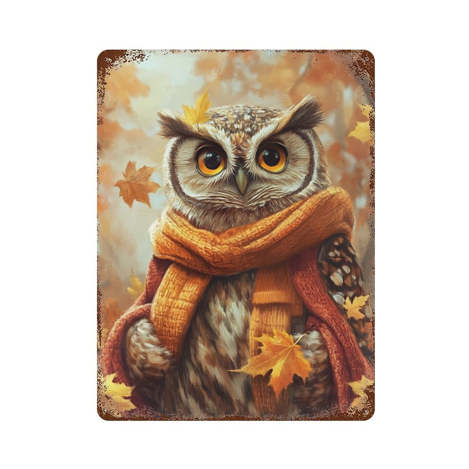 Autumn Owl with Leaves Weathered Tin Sign 15.7"x11.8", Rustic Home Decor for Garage, Bar And Workshop Decor